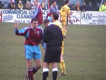 Stuart Playford asks referee Merchant for a panto ticket (Click to enlarge)